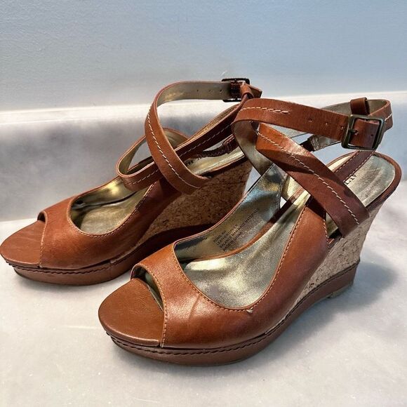 Audrey Brooke Women's Rome Tan Leather Cork Wedge Platform Sandals Size 6M - Picture 1 of 7